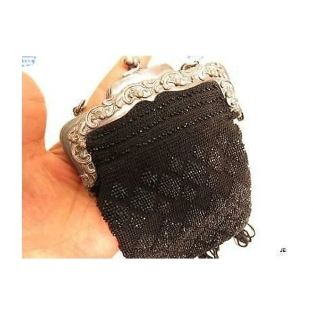 ANTIQUE ART NOUVEAU‎ FLORAL FRENCH STEEL? BLACK MICRO BEAD CHATELAINE PURSE